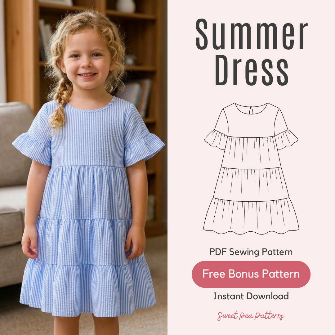 Girls Tiered Dress Pattern, Ruffle Sleeve Sundress For Kids