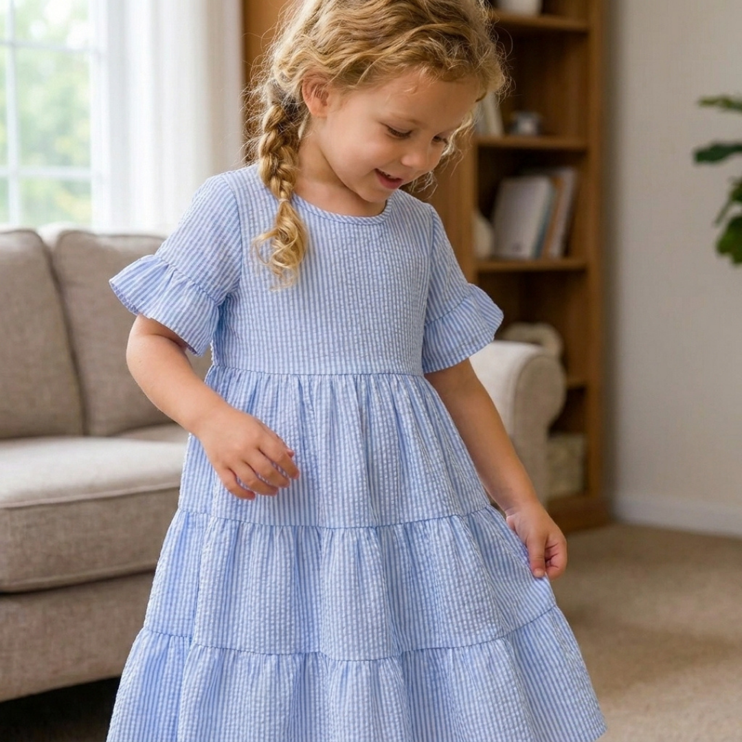 Girls Tiered Dress Pattern, Ruffle Sleeve Sundress For Kids
